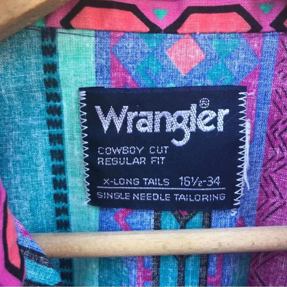 Vintage 90s Wrangler Southwest Aztec Navajo Print Cowboy Rodeo Shirt 16 1/2 - 34 - Picture 5 of 6